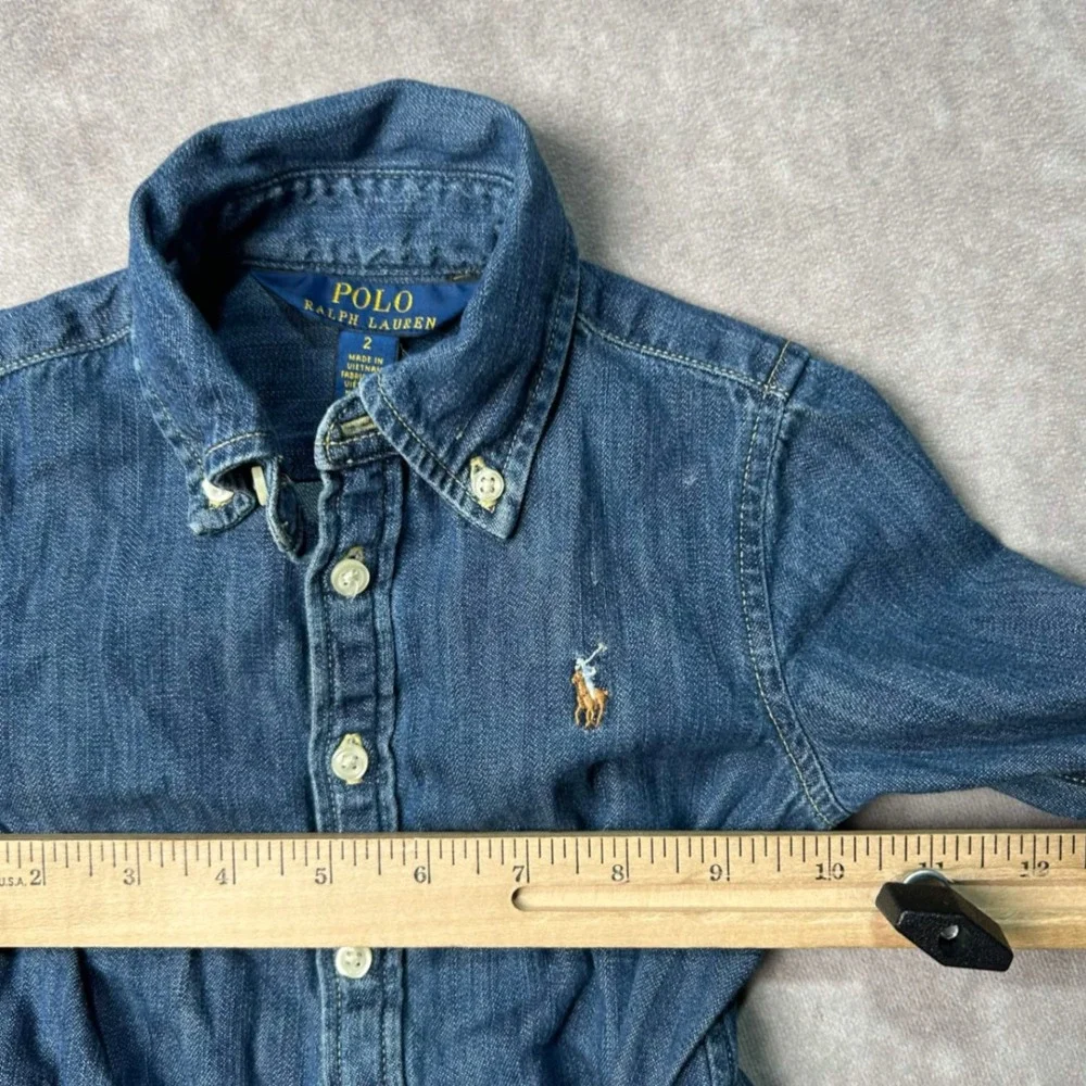 Polo Ralph Lauren Girls Belted Denim Shirtdress Sz 2 Blue Button Down Flesh Pony